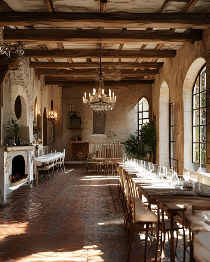 Sala interna della Cascina del Ritrovo con tavoli e travi a vista