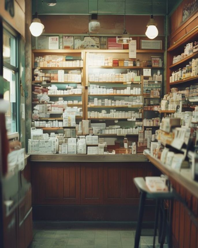 Banco interno della Farmacia Bianchi con bilancia e vetreria di laboratorio